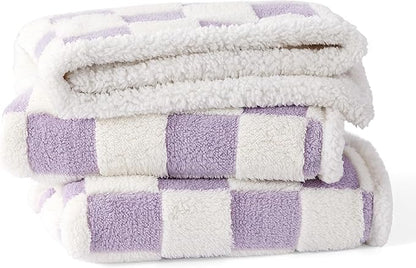 Lesure Waterproof Dog Blanket for Large Dogs - Washable Double Sided Dog Blankets with Warm Jacquard Shag and Soft Sherpa Fleece, Pet Cat Blanket for King Bed Protection, 3D Textured Checks, Purple