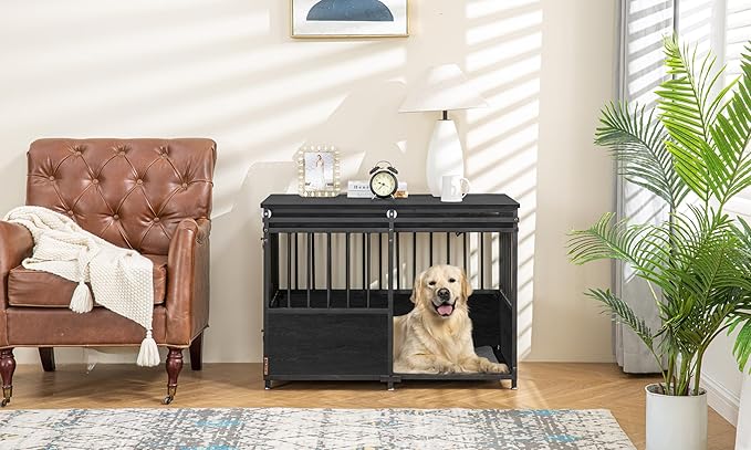 KOOPRO 40 Inch Dog Crate Furniture with Cushion for Small Medium Dogs, Wooden Heavy Duty Dog Kennel with Double Doors, Decorative Pet House Dog Cage Side End Table Indoor, Sliding Door Chew-Resistant