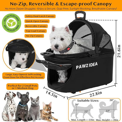 PAWZIDEA Portable Small Dog Crate for Car Travel, Enclosed Pet Car Seats for Small/Medium Dogs & Cats, Reversible No-Zip Canopy, Soft-Sided Pet Carrier Cage, Collapsible Travel Dog Kennel, Chew-Proof