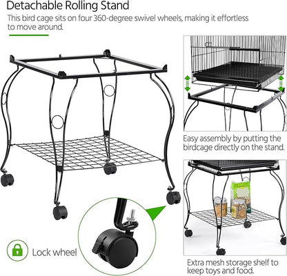 Yaheetech 57-Inch Rolling Open Top Roof Bird Cage for Mid-Sized Parrots Cockatiels Caique Quaker Monk Indian Ring Neck Green Cheek Conure Middle Bird Cage with Detachable Stand