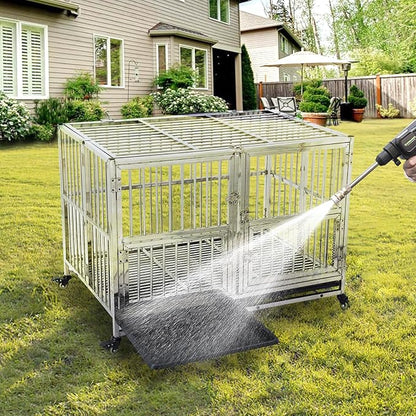 48" Heavy Duty Dog Crate Cage Kennel with Wheels, Full Stainless Steel High Anxiety Indestructible Dog Crate, Sturdy Locks Design, Double Door Small Door Design & Removable Tray Design (Silver)