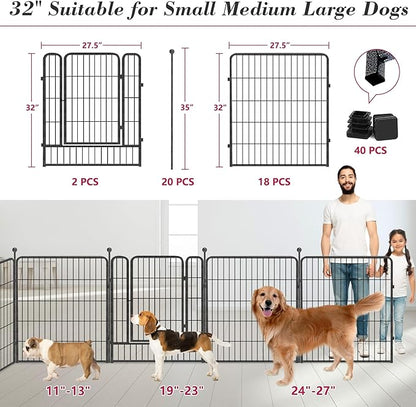 Dog Playpen 32 inch 20 Panels Indoor Outdoor Dog Pen for Medium/Small Dogs Heavy Duty Metal Dog Fence Outdoor for Yard, Puppy Playpen with Door Portable Pet Fence for RV Camping Yard