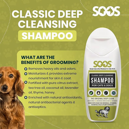 Soos Pets Dog Shampoo for Cats and Pets Natural Dead Sea Classic Deep Cleansing Fast Absorbing Coat with Vitamins Minerals Essential Oils Natural Ingredients Antib-acterial - 1x Pet Shampoo (250ml)