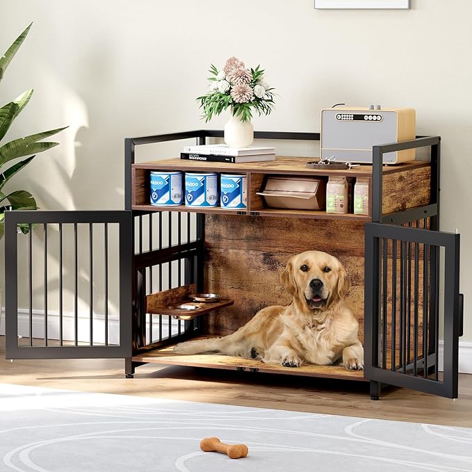 Dog Crate Furniture, 41 Inch Wooden Dog Cage with 2 Drawers, 360° & Adjustable Raised Feeder, Furniture Dog Crate for Medium-Large Dog Indoor