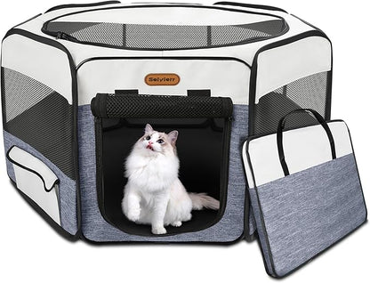 Dog Playpen, Portable Pet Play Pen Foldable Carrying Case, Puppy Pens Outsid for Small Cat Indoor/Outdoor, Removable Mesh Shade Cover