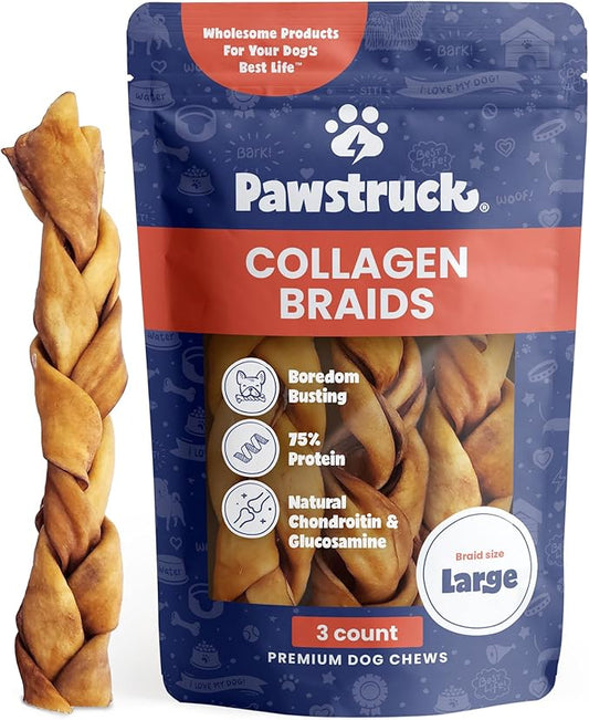 Pawstruck Natural Large 10-13 Beef Collagen Braids for Dogs - Healthy Long Lasting Alternative to Traditional Rawhide & Bully Sticks w/Chondroitin & Glucosamine - 3 Count - Packaging May Vary