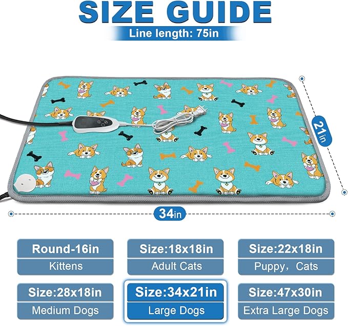 Dog Heating Pad 34x21in Waterproof Pet Heating Pad for Dogs Smart Thermostat Switch, Whelping Supplies Heated Dog Bed,Adding Wire Rope Wires Puppy Heating Pad Mat-Whelping Box for Dogs-Blue