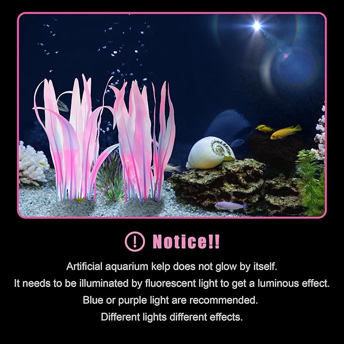 Kaiyuan Dynasty 2pc Aquarium Decor Plastic Plants Fish Tank Artificial Plants Glowing Aquarium Kelp Move with Water Flows Soft Silicone Aquatic Seaweed,7inch,Pink