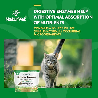 NaturVet  Digestive Enzymes for Cats Plus Probiotics  60 Soft Chews  Helps Support Diet Change & A Healthy Digestive Tract  Aids in The Absorption of Vitamins & Minerals  30 Day Supply