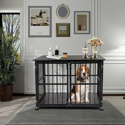 32 Inch Dog Crate Furniture, Heavy Duty Dog Kennel with Side Door, Decorative Pet House End Table, Wooden Cage Kennel Furniture Indoor, Grey