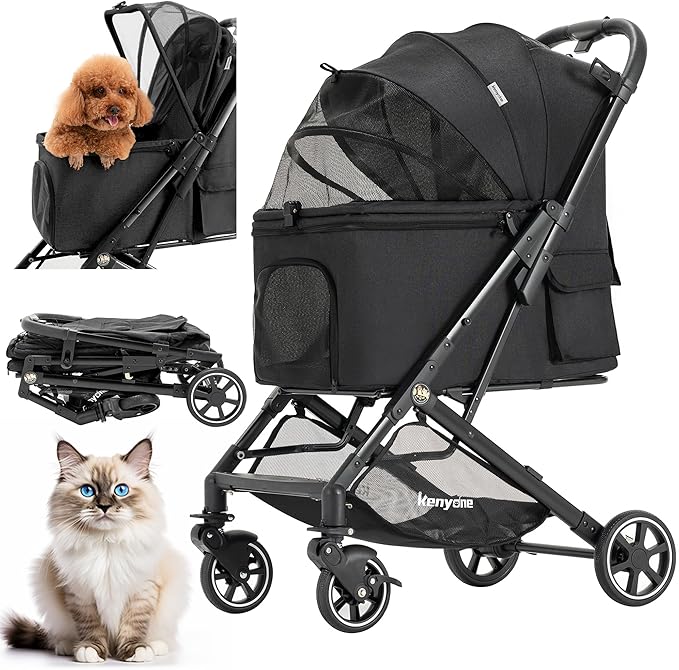 Medium Dog Stroller, Kenyone Pet Stroller for Medium Dogs Up to 55lbs, Lightweight Aluminum Frame, One Click Folding, Large Cat Stroller with No Zip Entry, Detachable Mesh, Multiple Pockets