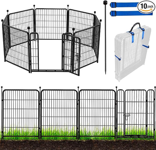 ADAVIN Tall Garden Fence, 48 in(H) 10 Panels Heavy Duty Iron Metal Animal Barrier Fence, Indoor or Outdoor Dog Playpen, Temporary Fence, No Dig Garden Border Fencing for Yard, Total 22.1 FT(L),Black