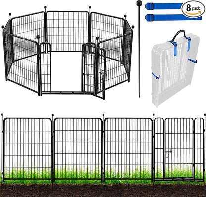 ADAVIN Tall Garden Fence with Gate, 48 in(H) 8 Panels Heavy Duty Iron Metal Animal Barrier Fence, Indoor Dog Playpen, Temporary Fencing, Dog Fence Outdoor for Yard, Total17.7 Ft(L), Black