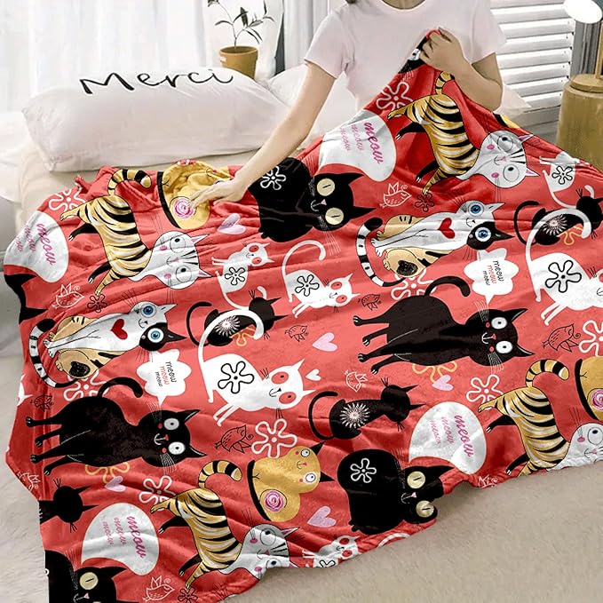 Ultra Soft Flannel Cat Throw Blanket - Cute Pattern, 50"x60" Gift for Cat Lovers (Women, Men, Kids, Adults)