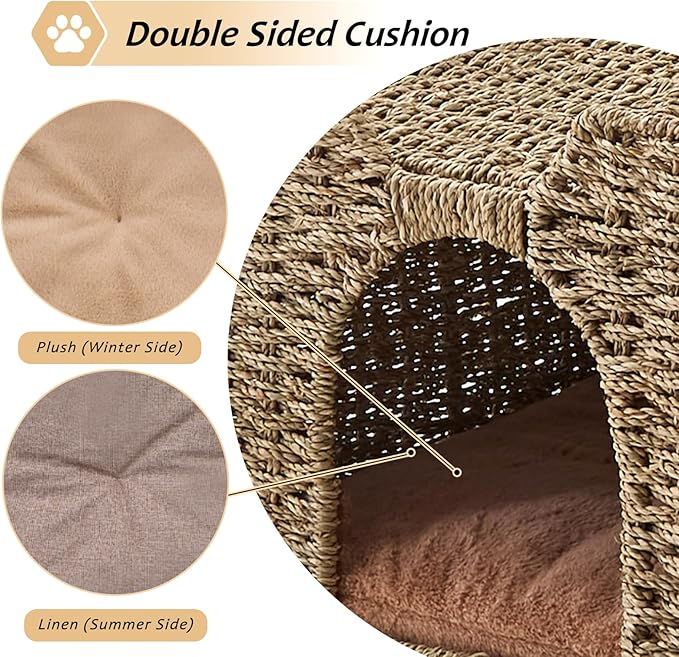 Cat Houses for Indoor Cats, Handwoven Natural Seagrass Cat Cave Pet Cube,Foldable Pet Cat House, Cat Beds with Double-Sided Mat, Hideaway, in Living Room Bedroom