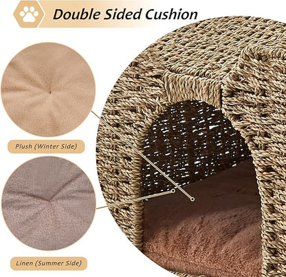 Cat Houses for Indoor Cats, Handwoven Natural Seagrass Cat Cave Pet Cube,Foldable Pet Cat House, Cat Beds with Double-Sided Mat, Hideaway, in Living Room Bedroom