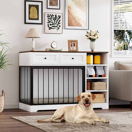 Dog Crate Furniture 47, Large Dog Crate TV Stand with 2 Drawers and 4 Shelves, Wooden Dog Kennel Indoor, Decorative Dog Cage with Storage for Large Dogs, White