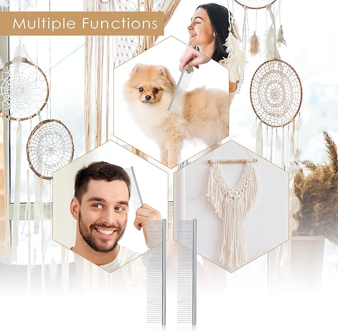 2 Pieces Macrame Comb and Tassel Brush Kit - Stainless Steel Combs for Pet Grooming, Macrame Fringe Cord and Supplies (Silver)