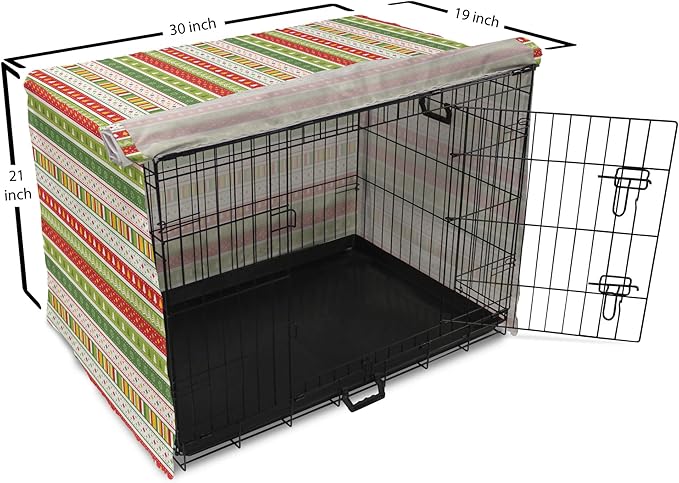 Ambesonne Christmas Dog Crate Cover, Traditional Winter Seasonal Borders Stars Bells Trees Stripes Print, Easy to Use Pet Kennel Cover for Cats & Medium Dogs, 30 Inch, Lime Green