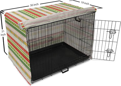 Ambesonne Christmas Dog Crate Cover, Traditional Winter Seasonal Borders Stars Bells Trees Stripes Print, Easy to Use Pet Kennel Cover for Cats & Medium Dogs, 30 Inch, Lime Green