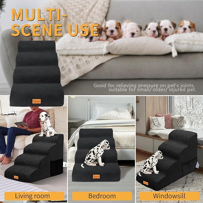 Topmart High Density Foam Dog Steps 4 Tiers,Extra Wide Deep Pet Steps,Non-Slip Pet Stairs,Dog Ramp for Bed,Soft Foam Dog Ladder,Best for Older Dogs Injured,Older Pets,Cats with Joint Pain,Color Black