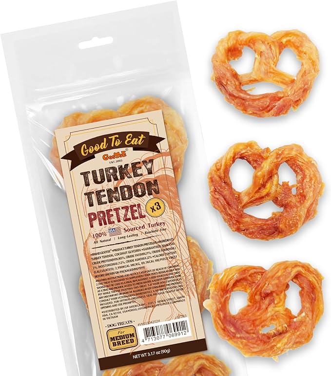 Gootoe Turkey Tendon Dog Treats, Pretzel (M) 3.17 oz, 100% USA Sourced Turkey, Natural Snack, Premium Puppy Chews, Hypoallergenic, Reseal Value Bags, Size for Medium Dogs