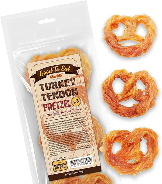 Gootoe Turkey Tendon Dog Treats, Pretzel (M) 3.17 oz, 100% USA Sourced Turkey, Natural Snack, Premium Puppy Chews, Hypoallergenic, Reseal Value Bags, Size for Medium Dogs