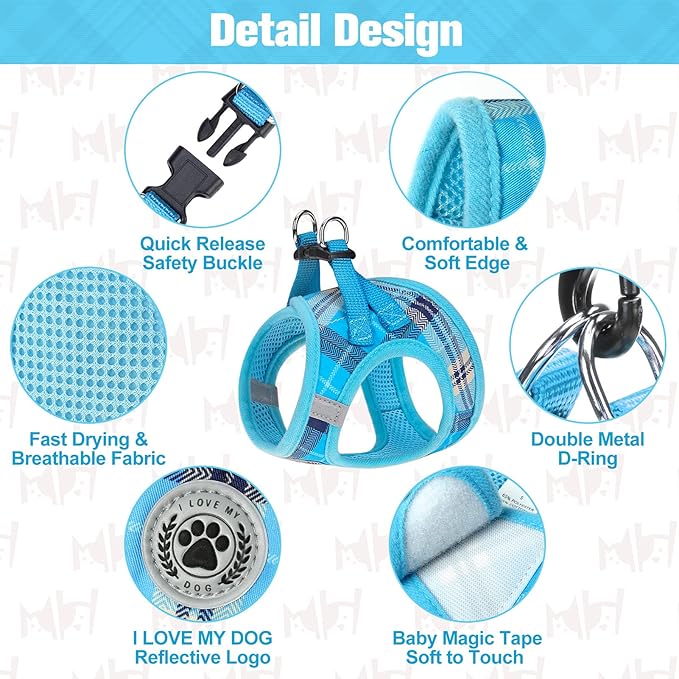BEAUTYZOO Small Dog Harness and Leash Set,Step in No Chock No Pull Soft Mesh Dog Harnesses Reflective for Extra-Small/Small Medium Puppy Dogs and Cats, Plaid Dog Vest Harness for XS S Pets, Blue L