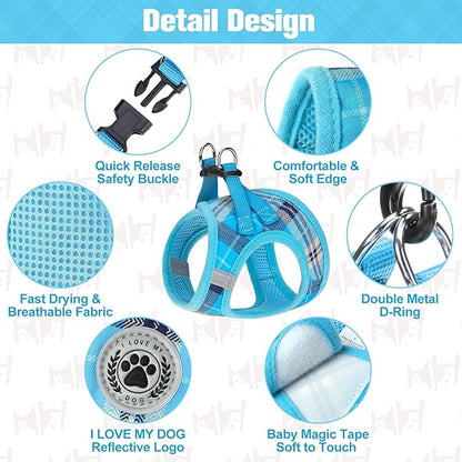 BEAUTYZOO Small Dog Harness and Leash Set,Step in No Chock No Pull Soft Mesh Dog Harnesses Reflective for Extra-Small/Small Medium Puppy Dogs and Cats, Plaid Dog Vest Harness for XS S Pets, Blue L
