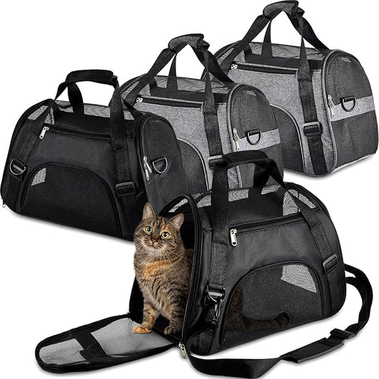 Sweetude 4 Pcs Cat Carrier Soft Pet Carrier for Cat Under 13lbs, 16.9X 11x 7.5 Inch, Soft Sided Foldable Comfortable Portable Carrying Bag for Cat Small Dog Pet Travel (Black, Gray)