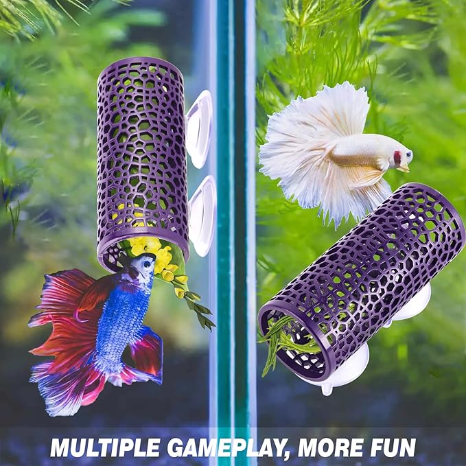 Abizoo Betta Cave - Purple Fish Tunnel with Holes for Small Fish & Shrimp Habitat, Betta Toys Shelter Hideaway, Moss Aquarium Ornament