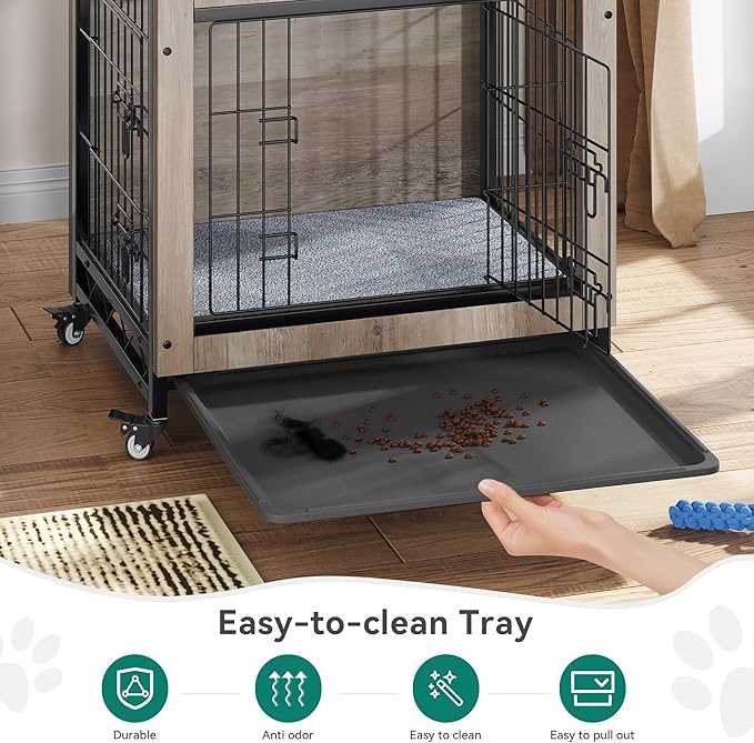 YITAHOME YITAHOME Dog Crate Furniture with Cushion, Dog Kennel Indoor with Wheels, Dog Crate End Table with Tray, 27" Dog Cage with Double Doors for Small Dog (Gray)