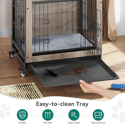 DWVO Dog Crate Furniture with Wheels, 27" Dog Kennel Indoor with Cushion, Dog Crate End Table with Tray, Dog Cage with Double Doors for Small Dog (Grey)