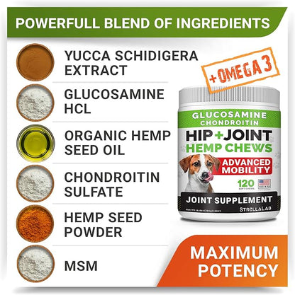 Large Breed Hemp + Glucosamine Dog Joint Supplement - Hemp Chews for Dogs Hip Joint Pain Relief - Omega 3, Chondroitin, MSM - Advanced Mobility Hemp Oil Treats for Large Dogs - Made in USA - 240 Ct