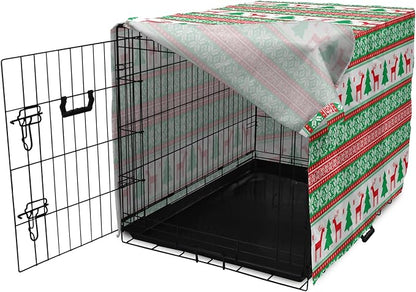 Ambesonne Christmas Dog Crate Cover, Knit Style Graphic Reindeer Star and Snowflake Holiday Family Theme, Easy to Use Pet Kennel Cover for Small Dogs Puppies Kittens, 18 Inch, White Green