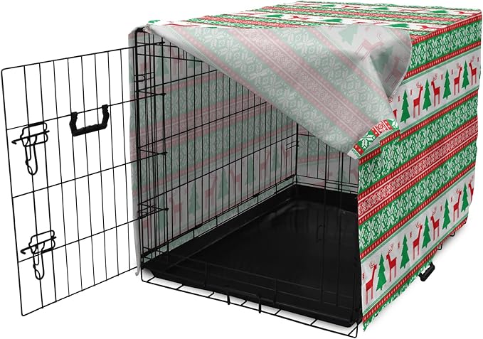 Ambesonne Christmas Dog Crate Cover, Knit Style Graphic Reindeer Star and Snowflake Holiday Family Theme, Easy to Use Pet Kennel Cover for Medium Large Dogs, 36 Inch, White Green