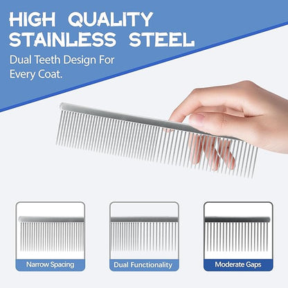 7.5 Inch Professional Stainless Steel Pet Grooming Comb for Dogs & Cats, Wide & Dense Teeth for Removing Tangles, Knots,Undercoat,Flea,Excess Hair, Rounded Corners Design for Safe,Metal Dematting Tool