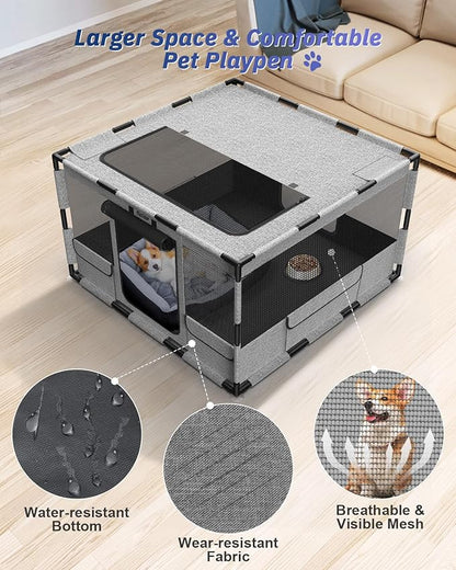 Dog Playpen, 43x43x26 Inches Puppy Playpen Portable Pet Play Pen Indoors with Cover and Gate, Tear Resistant Thickened Fabric Waterproof Bottom Breathable Mesh Dog Fence for Indoor&Outdoor, Gray Black