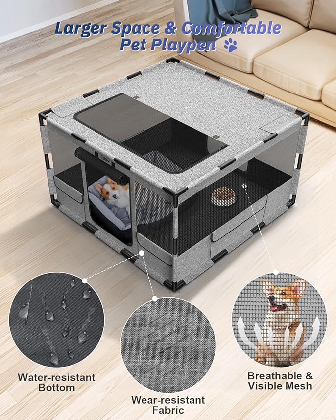 Dog Playpen, 43x43x26 Inches Puppy Playpen Portable with Top Cover, Thickened Fabric Tear Resistant Waterproof Bottom with Breathable Mesh Dog Fence for Indoor and Outdoor, Gray