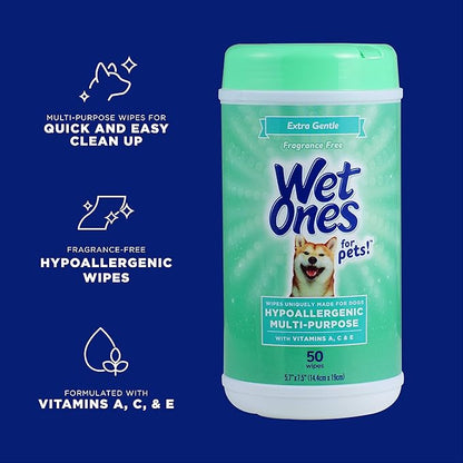 Wet Ones for Pets Hypoallergenic Multi-Purpose Dog Wipes with Vitamins A, C & E, 50 Count - 12 Pack | Fragrance-Free Hypoallergenic Dog Wipes for All Dogs Wipes Multipurpose (FF14365PCS12)