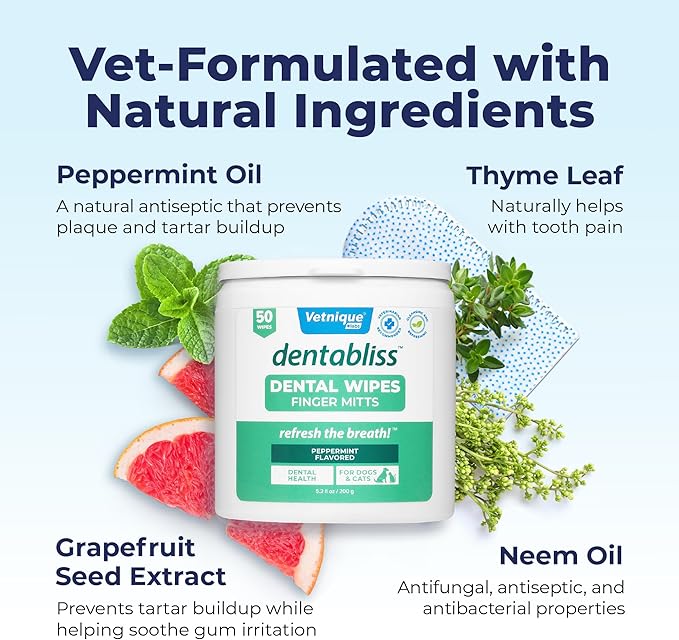 Vetnique Dentabliss - Dog Teeth Cleaning Finger Mitt Dental Wipe - Dog Plaque and Tartar Prevention with Brushing Beads - Convenient Peppermint Dog Teeth Wipes, Dog Breath Freshener