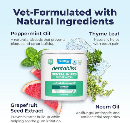 Vetnique Dentabliss - Dog Teeth Cleaning Finger Mitt Dental Wipe - Dog Plaque and Tartar Prevention with Brushing Beads - Convenient Peppermint Dog Teeth Wipes, Dog Breath Freshener