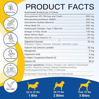 Glucosamine for Dogs - Joint Supplement for Dogs - Chondroitin, MSM, Omega-3, Support Mobility, Cartilage, Dog Joint Pain Relief, Hip and Joint Supplement Dog for All Breed, 120 Crunchy Bite