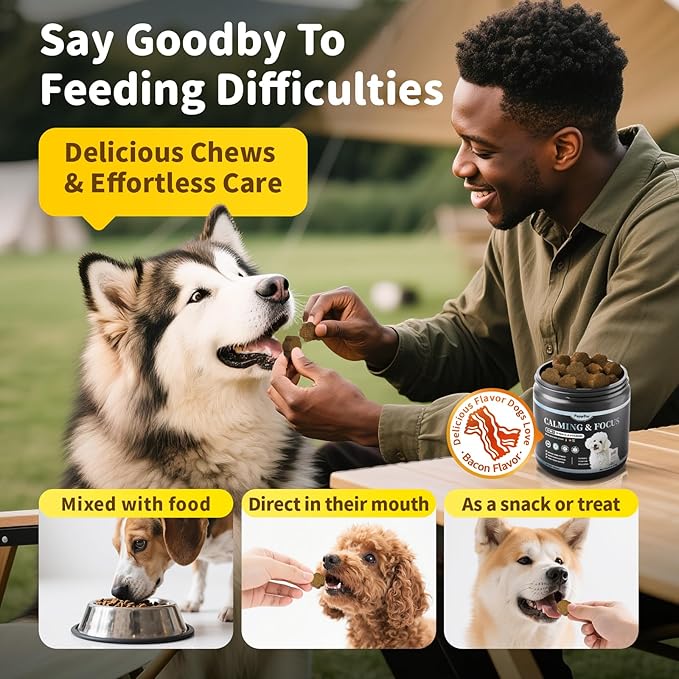 Calming Chews for Dogs – 12-in-1 Dog Calming Treats with Herbal & Vitamins, Relaxation, Focus & Behavior Support for Anxiety, Separation, Barking, Travel, Stress, Upgraded Bacon Flavor, 90 Ct