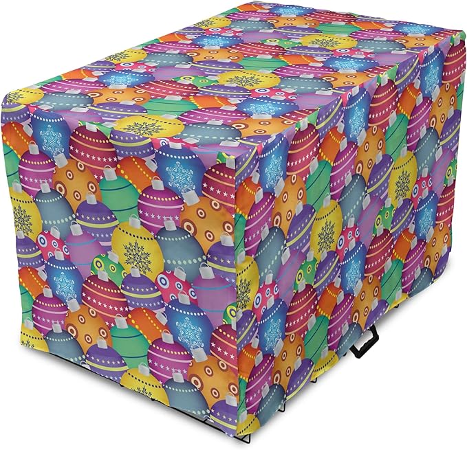 Ambesonne Christmas Dog Crate Cover, Colorful Christmas Balls Different Retro Patterns Holiday CelebratiTheme Print, Easy to Use Pet Kennel Cover Small Dogs Puppies Kittens, 18 Inch, Purple Multicolor