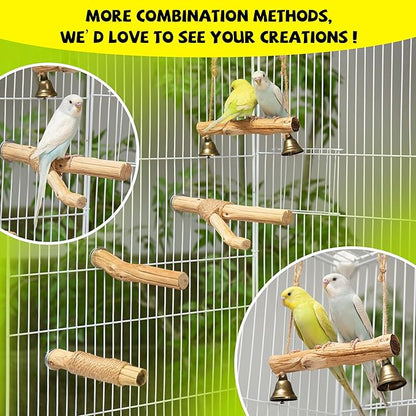 Natural Solid Wood Bird Perch and Swing - Durable Toys for Parakeets, Parrots & Birds - Safe cage Accessories with High Hardness Texture