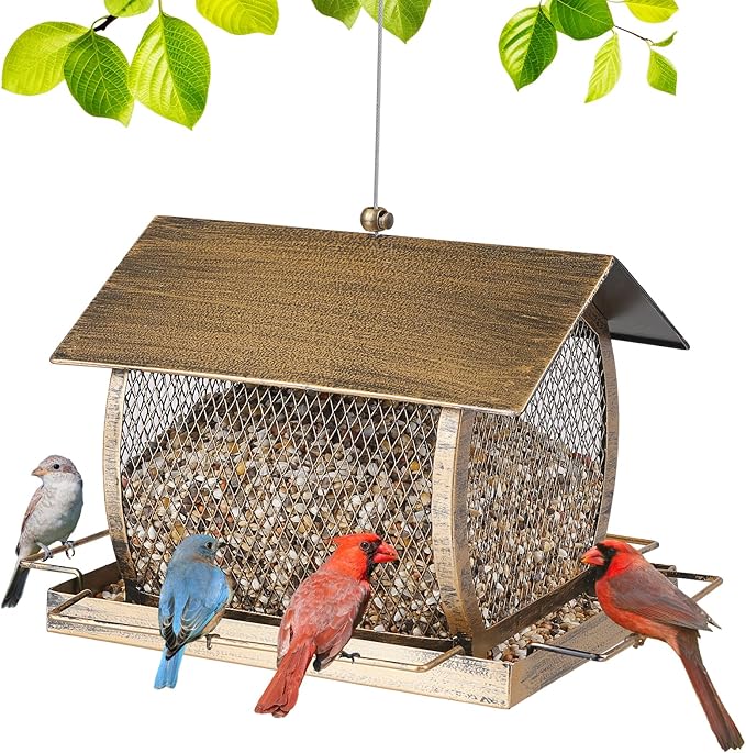 Bird Feeder for Outdoors, Wild Finch Birds Feeders Sparrow Feeder, Metal Birdfeeder Outside Hanging with Lid Fixing Buckle, 2Lbs Capacity
