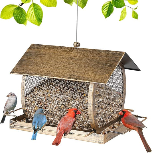 Bird Feeder for Outdoors, Wild Finch Birds Feeders Sparrow Feeder, Metal Birdfeeder Outside Hanging with Lid Fixing Buckle, 2Lbs Capacity