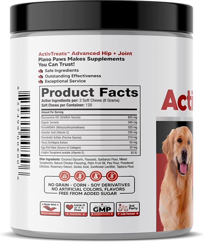 Glucosamine for Dogs Hip and Joint Supplement - Safe Joint Support for Dogs - Dog Joint Supplement with Glucosamine Chondroitin MSM Turmeric - 120 Joint Care Chews for Dogs ActivTreats