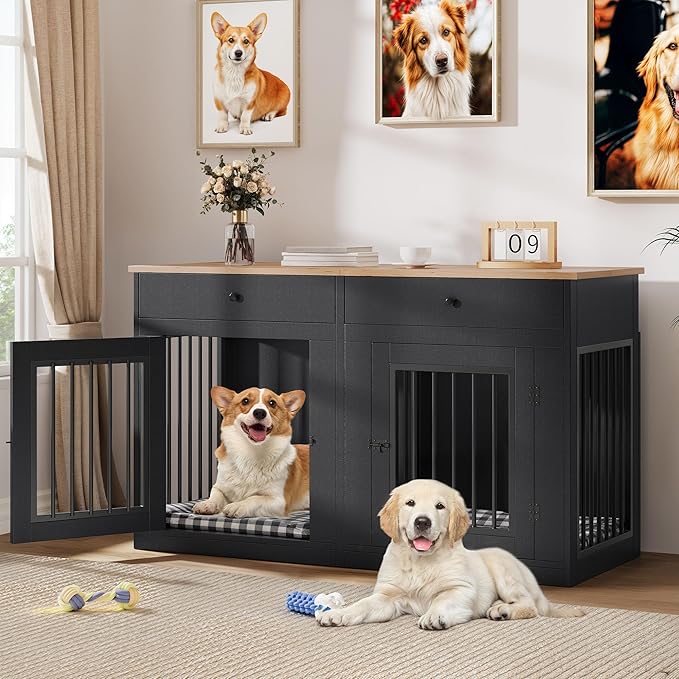 YITAHOME 60" Wooden Dog Crate Furniture with Removable Divider & Storage Drawers, Double Door Kennel with Locks for Medium and Large Dogs, Multi-Functional Dog Crate End Table for Indoor use, Black